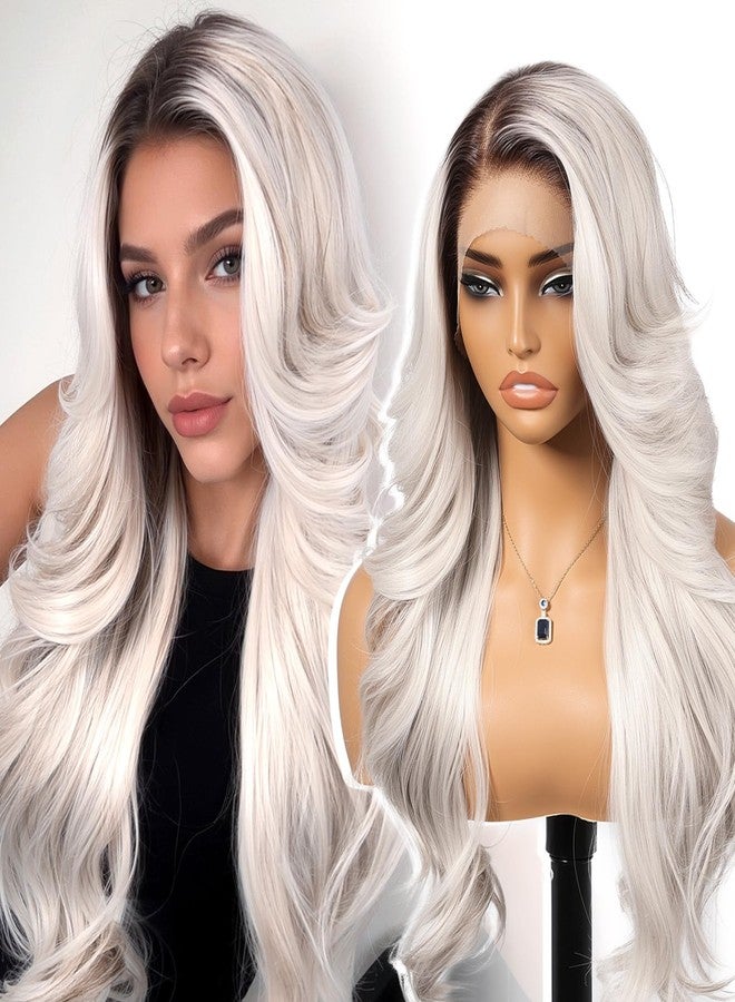 KOME Platinum Blonde Synthetic Lace Front Wig,13x4 HD Lace Layered Wave Glueless Wigs for Women Daily Use 26IN - Image 1